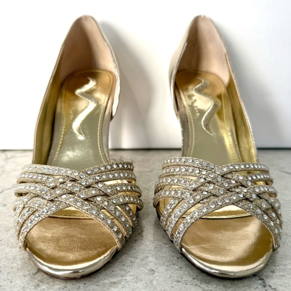 Nina Gold and Rhinestone Gold Peep Toe High Heel Shoe. Size 7.5 M. Vinesha Nina. - Picture 1 of 13